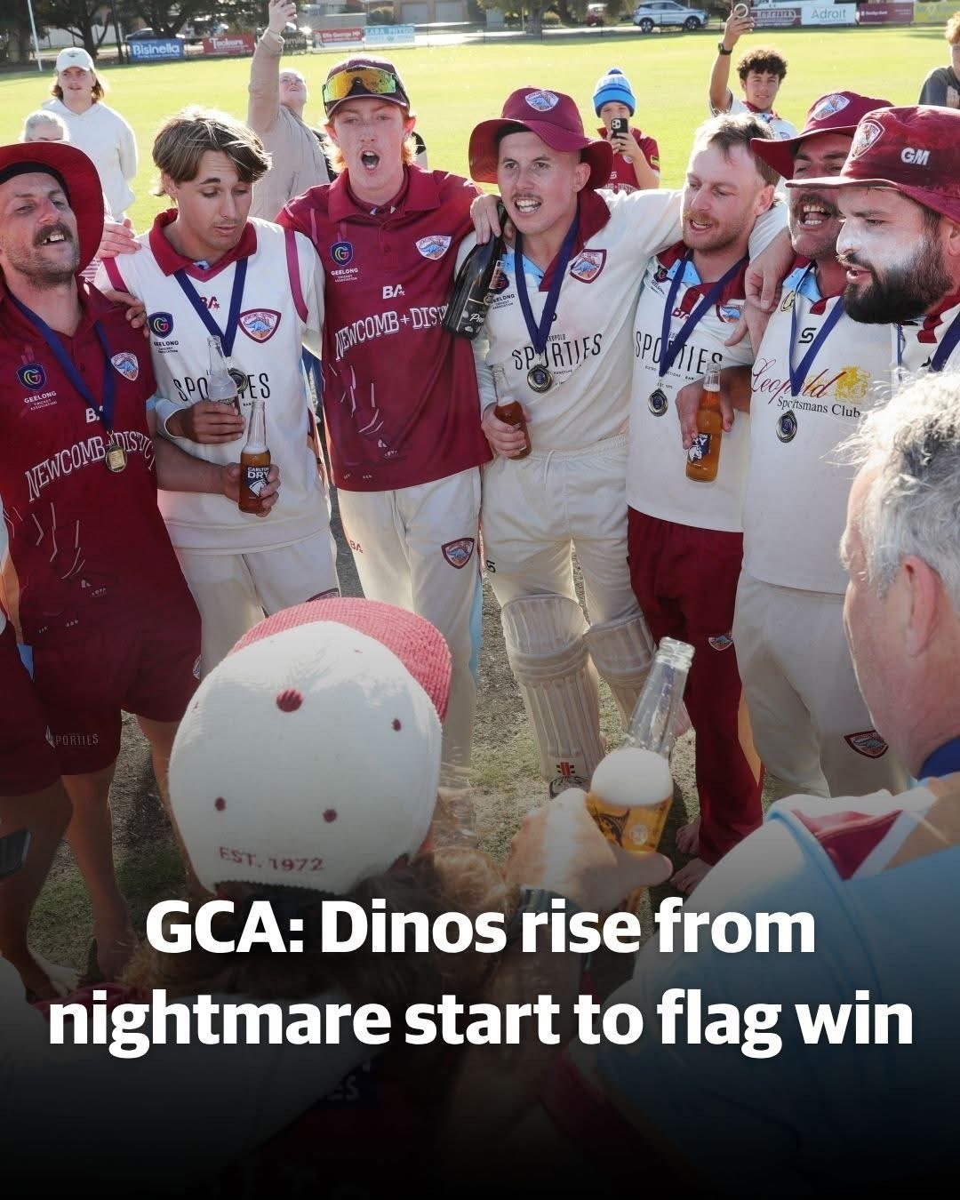 Supplied news graphic showing the celebrating Dinos beneath the headline about their premiership win.