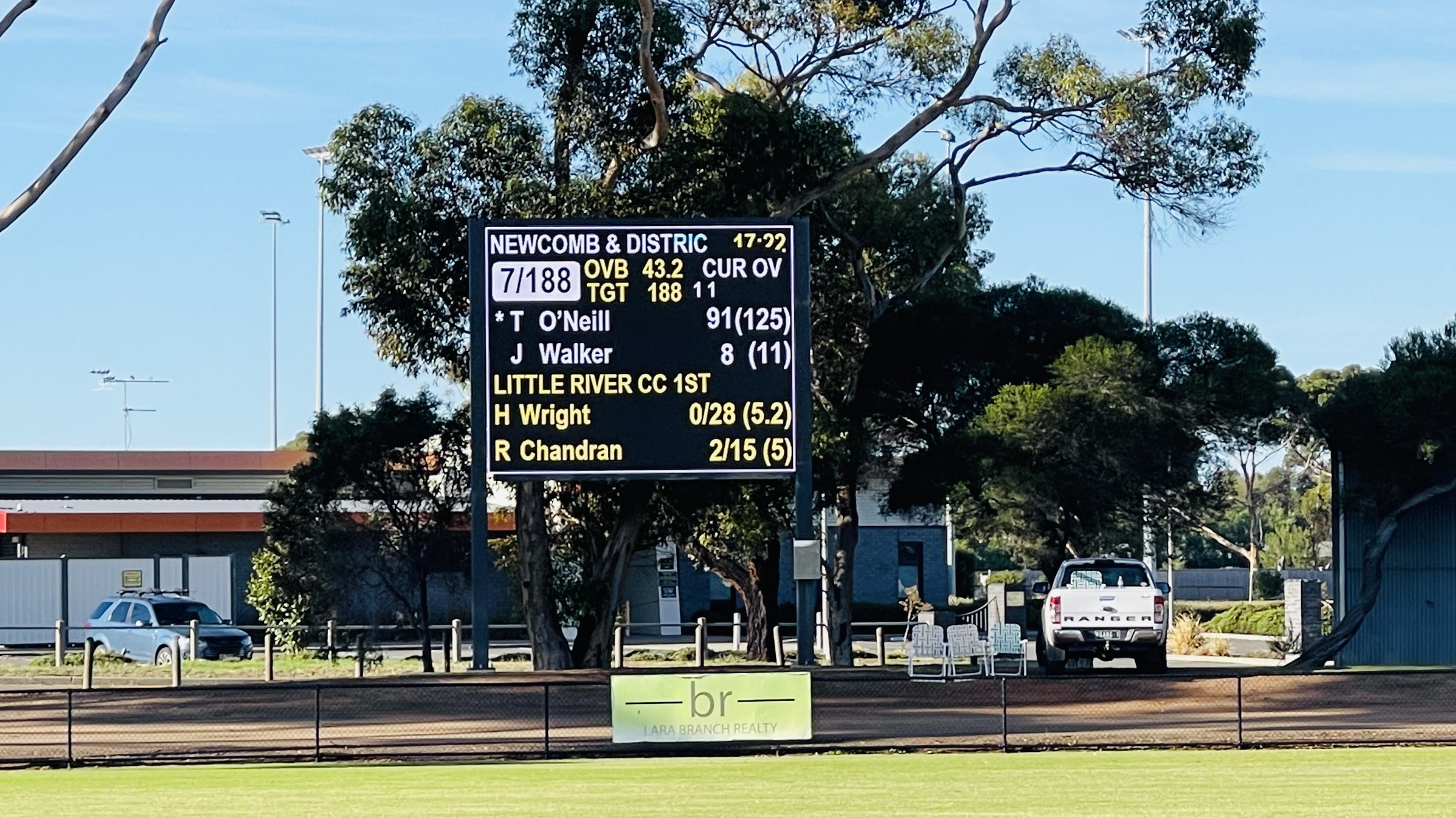 The scoreboard showing Newcomb and District and Little River scores at the end of the grand final.